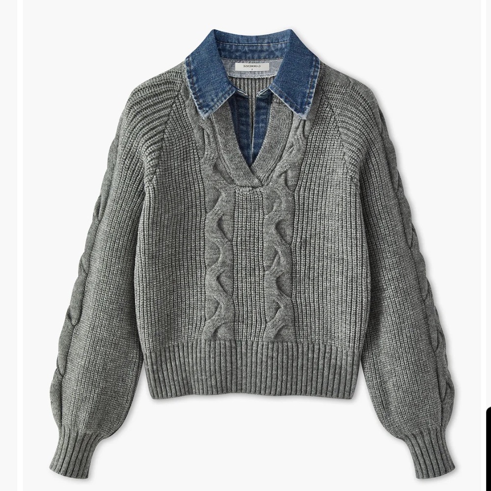 NWT Commense Denim Panel Ribbed Lapel Sweater- Gray- Large